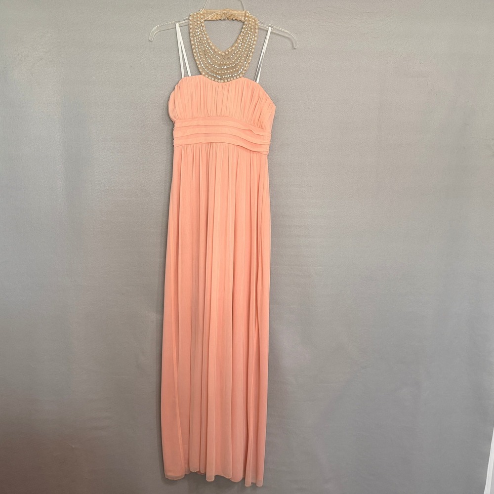 City Triangles Pearl Halter Mesh Maxi Dress Womens Size 3 Blush Pink Formal Prom - Picture 2 of 14